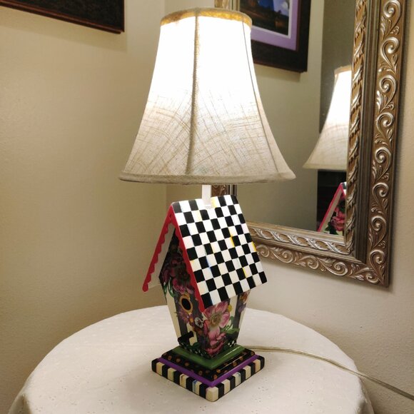 Whimsical Courtly Check Bird House Lamp Shade Hand Painted Checkered Floral - Picture 1 of 12